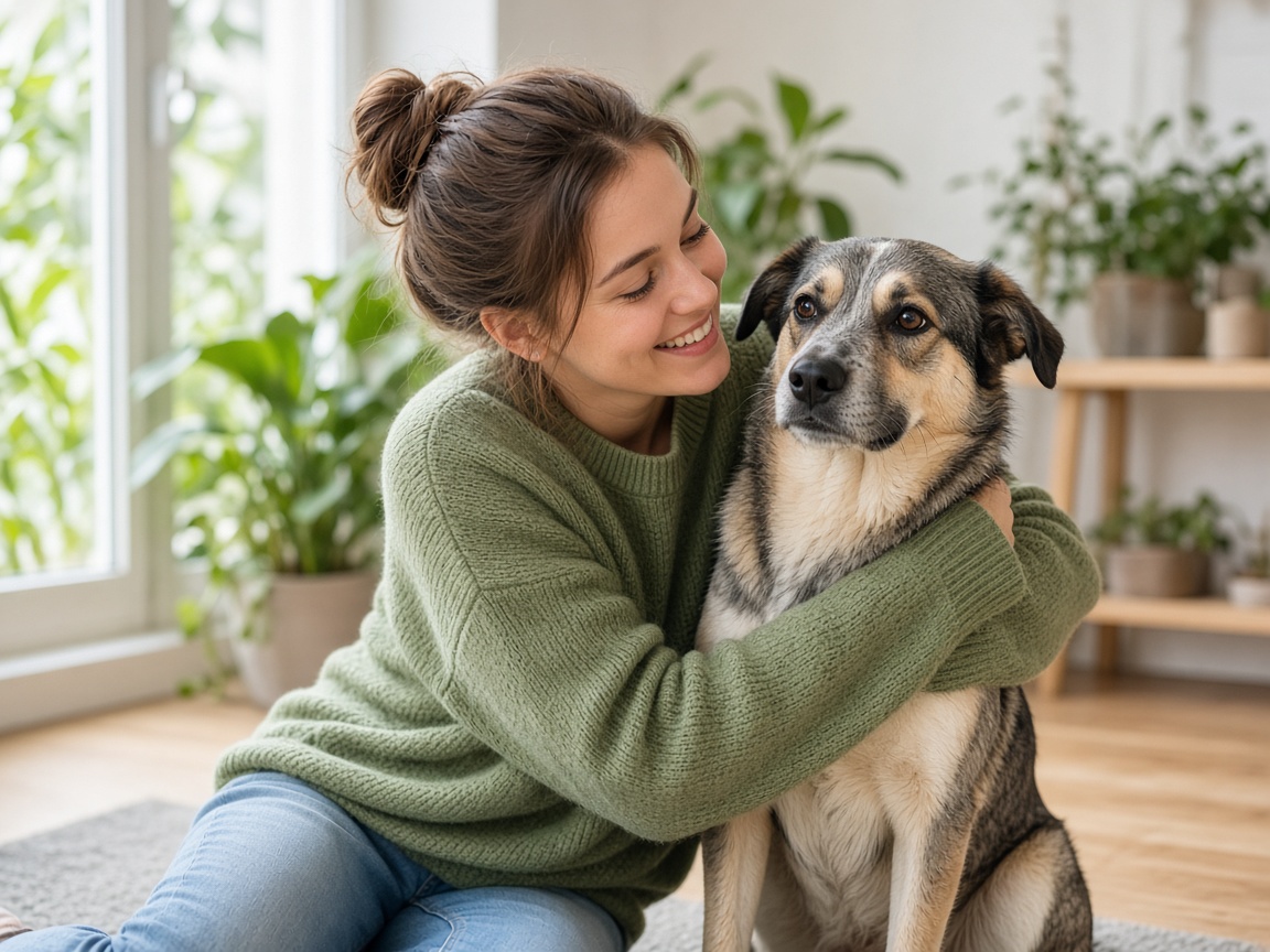 Betreuerin umarmt liebevoll einen Hund