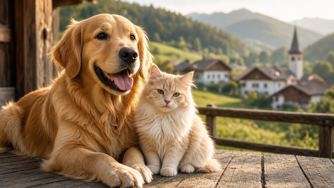 Glücklicher Hund und Katze im Sonnenlicht