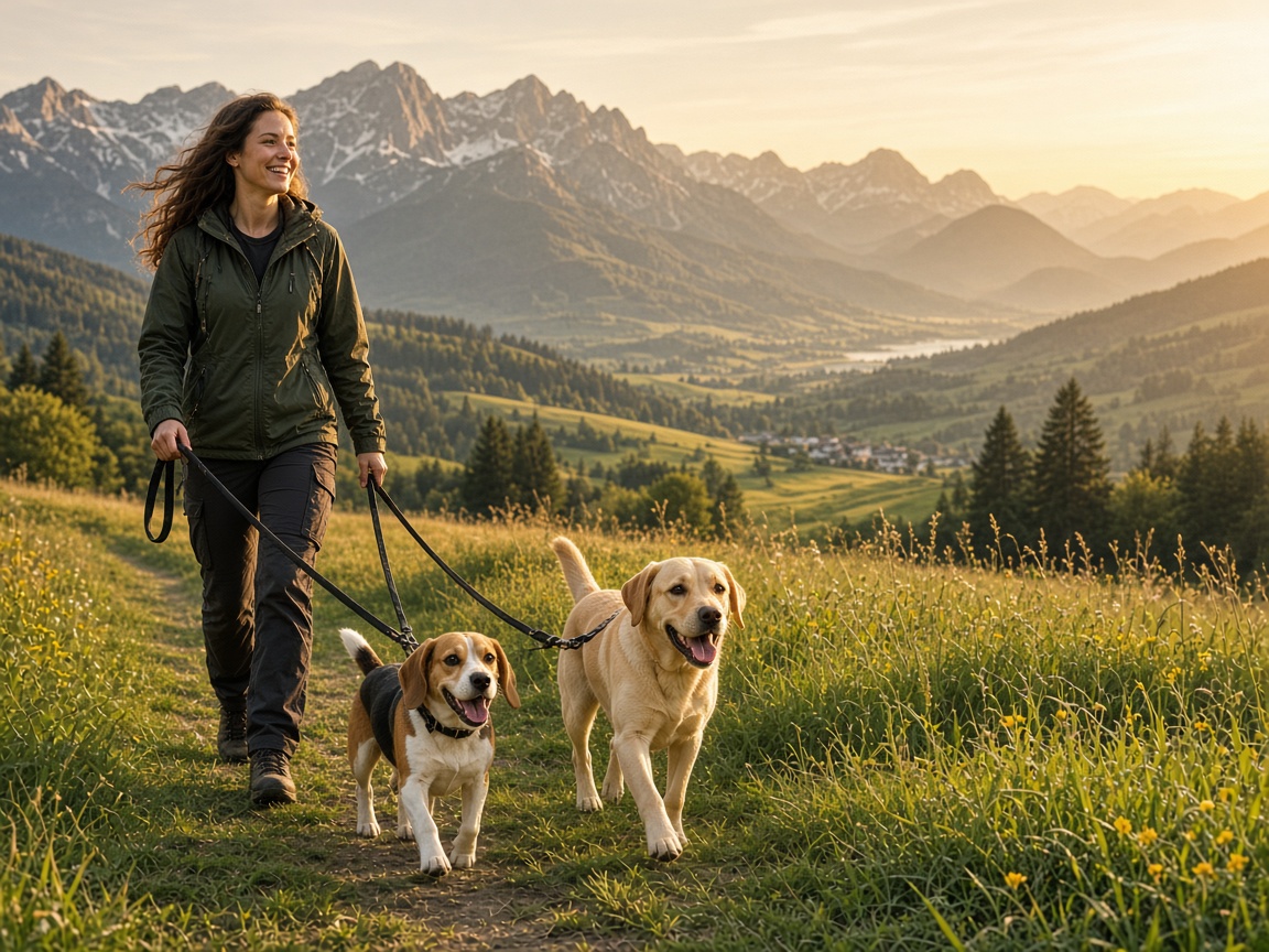 Gassigehen mit zwei Hunden in der Natur